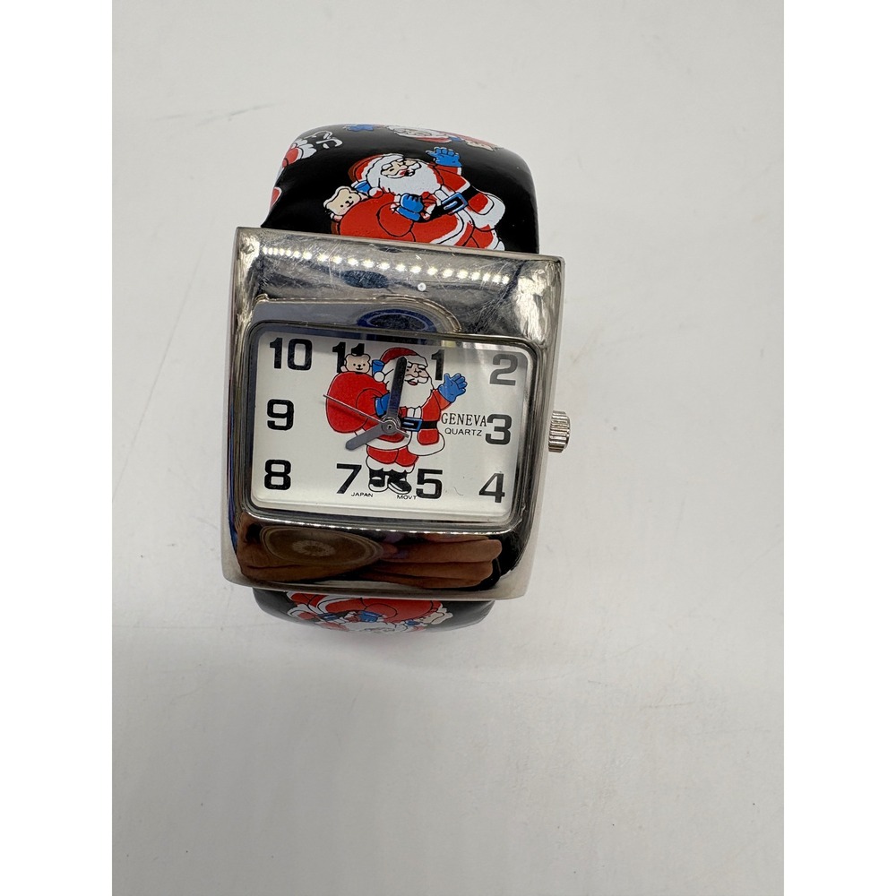 Geneva Quartz Santa‎ Claus Christmas Cuff Watch Silver Tone Black Band Bracelet